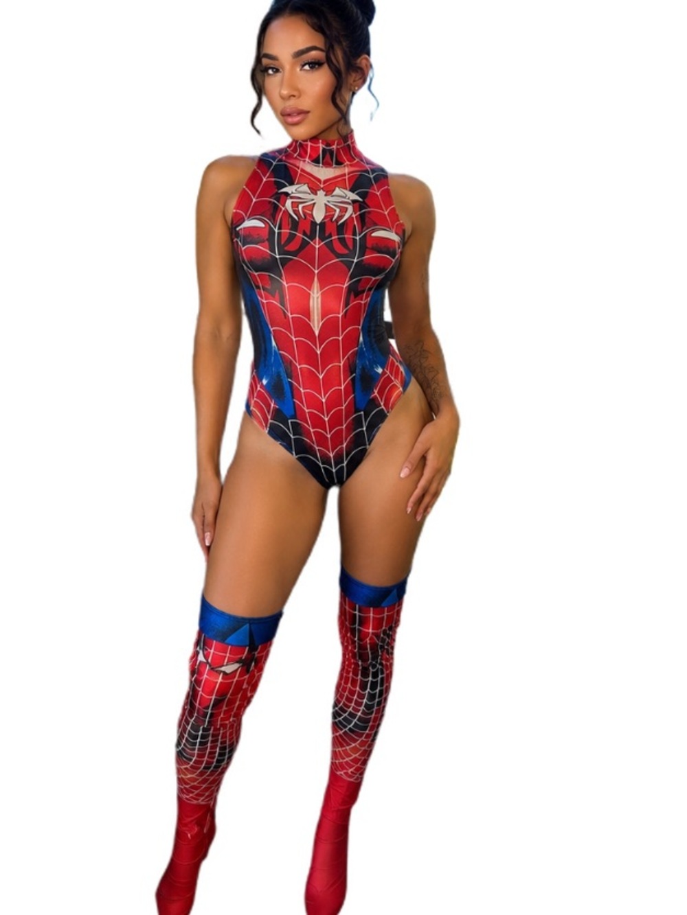Spiderweb High-Neck Bandeau Bodysuit with Matching Thigh-Highs - Red/Blue